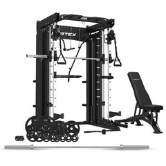 SM-26 6-IN-1 POWER RACK WITH DUAL STACK SMITH & CABLE MACHINE + BN-9 BENCH + 100KG OLYMPIC TRI-GRIP WEIGHT PLATE & BARBELL PACKAGE
